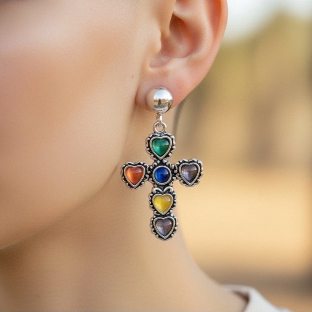 CODEENA MULTI COLOR HEART CROSS EARRINGS - Picture 2 of 2